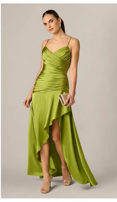 Asymmetrical High Low Stretch Satin Drop Waist Gown In Martini Olive