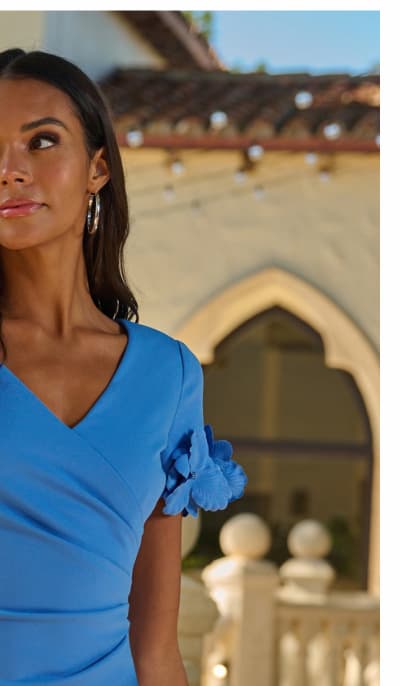 Crepe Faux Wrap Sheath Dress With Floral Accent Short Sleeves In Cool Water