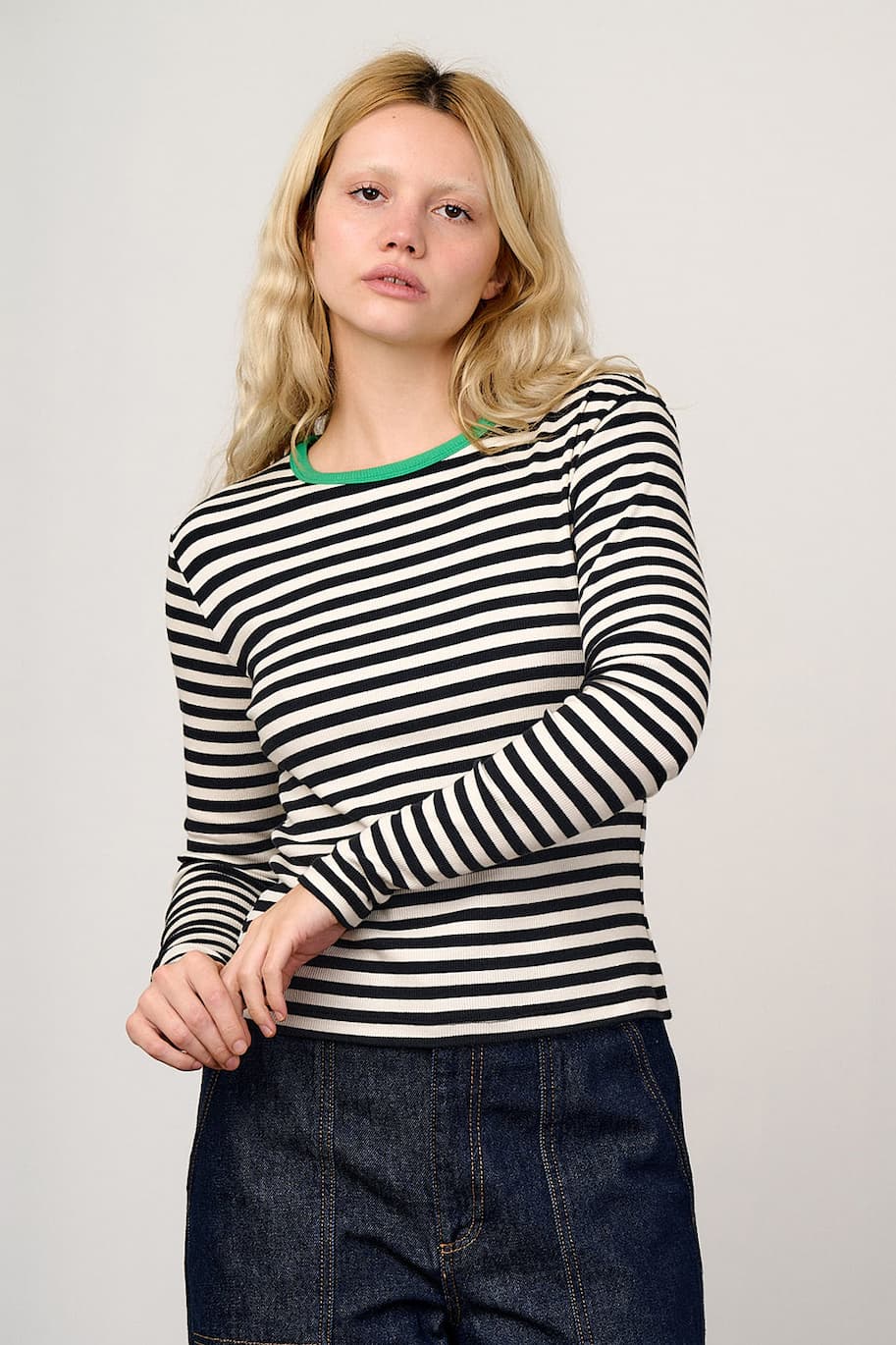 Grayson - Long Sleeve Cotton Jersey Top in Black & White Stripe