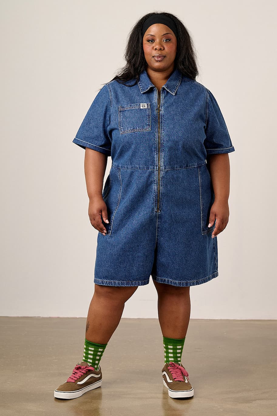 Riley - Denim Playsuit in Mid Wash Blue