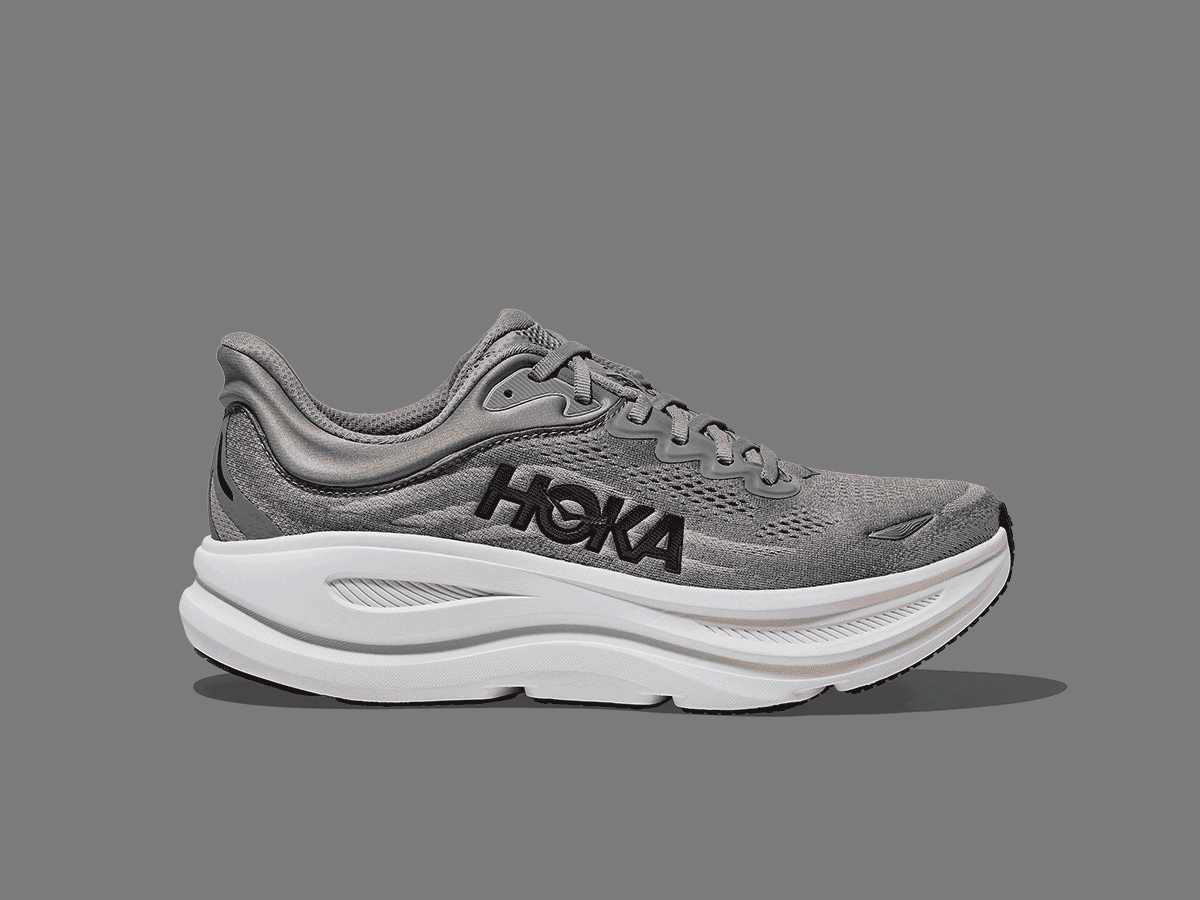 GIF that shows the side view of the following shoes: Gaviota 6 in lilac cream / fragrant lilac, Mach 7 in frost / rose gold, Bondi 9 in galactic grey / stellar grey, Transport 2 in cream / vintage yellow, Stinson EVO GORE-TEX in foggy grey / cosmic grey