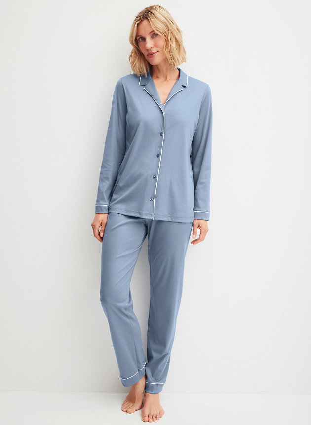 Long pajamas with buttons in Aura Blue from the NIGHT LOVERS range by CALIDA. 