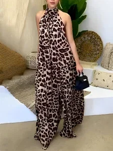 Image of Casual Leopard Halter Tank Jumpsuit
