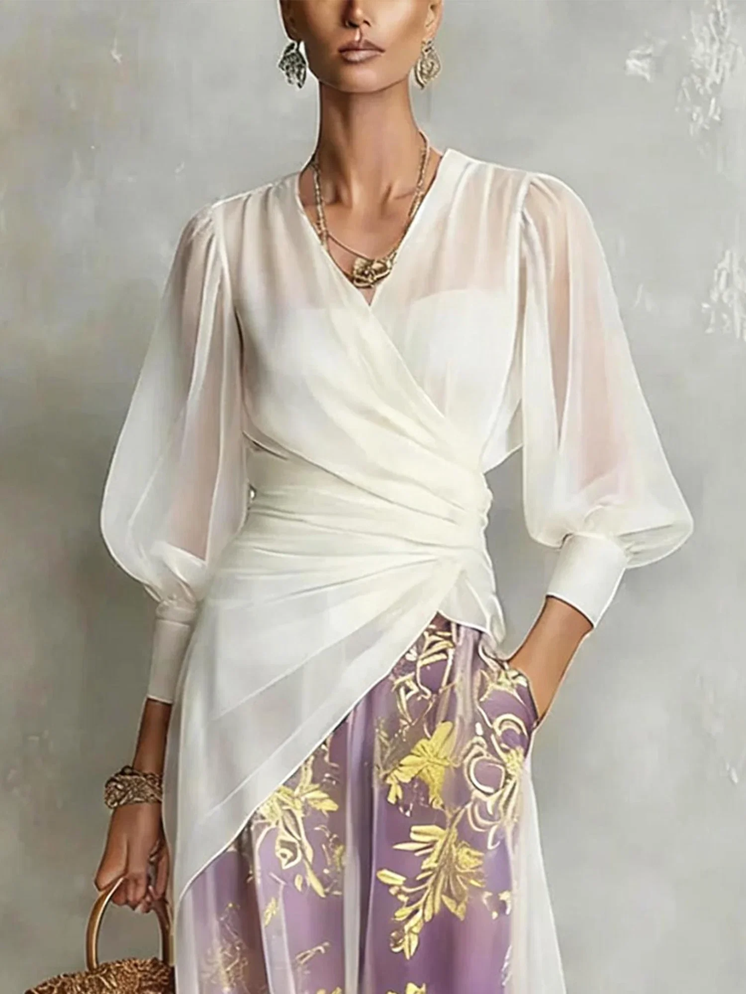 Image of Urban Plain Ruched V Neck Blouse