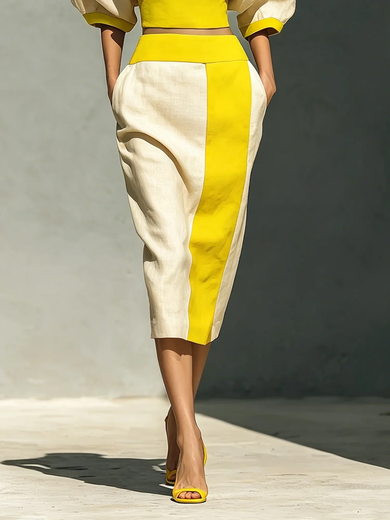 Image of Cotton And Linen Urban Split Joint Color Block Midi Skirt