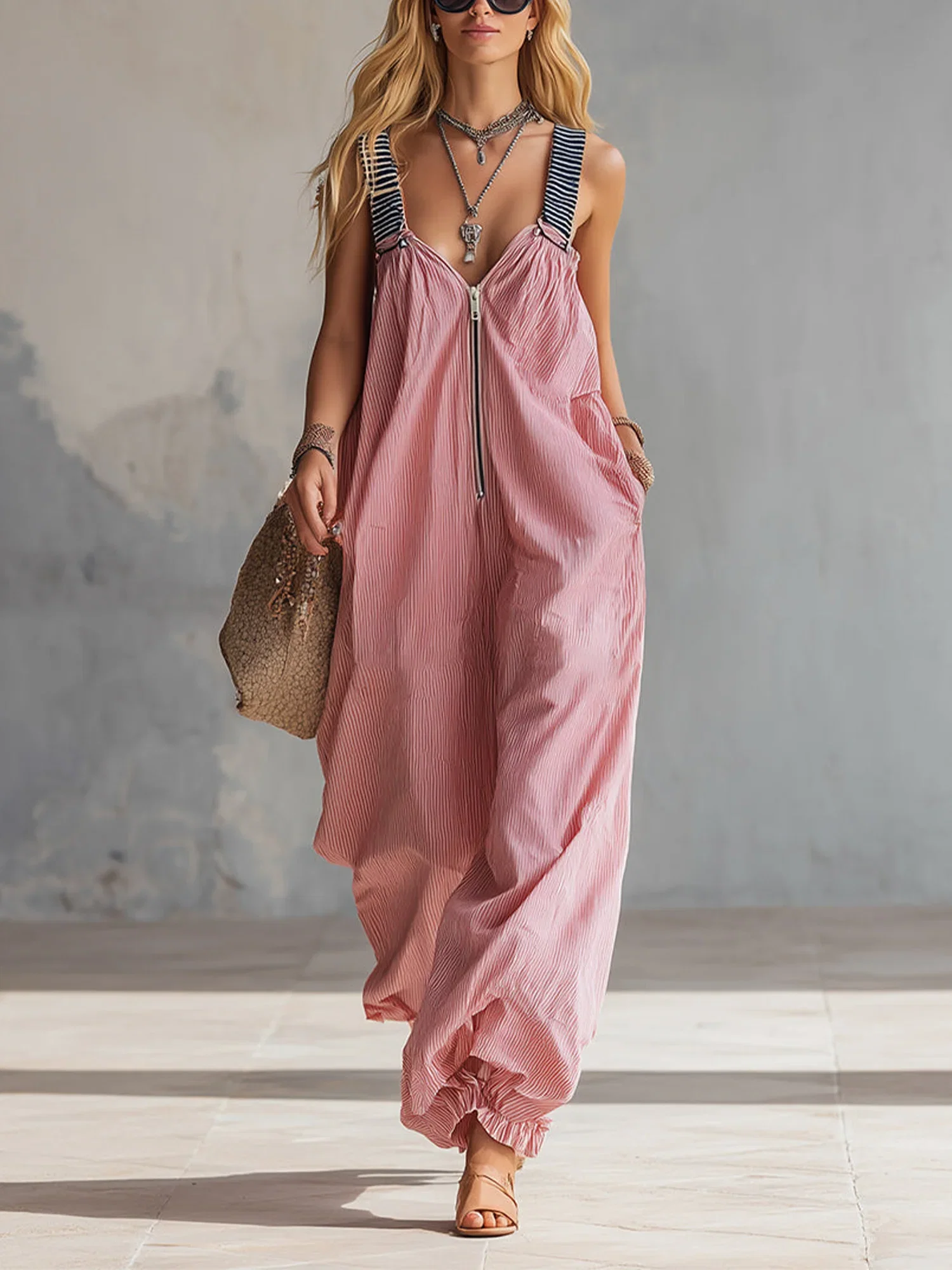 Image of Casual Striped Loosen Overall Jumpsuit