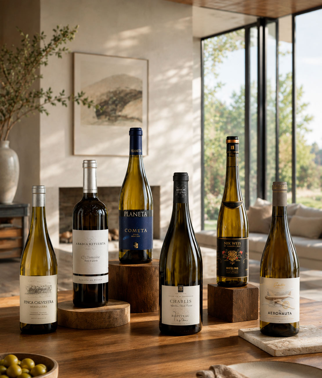 Six assorted white wine bottles displayed on wooden pedestals in a sunlit modern living room with large windows and garden view