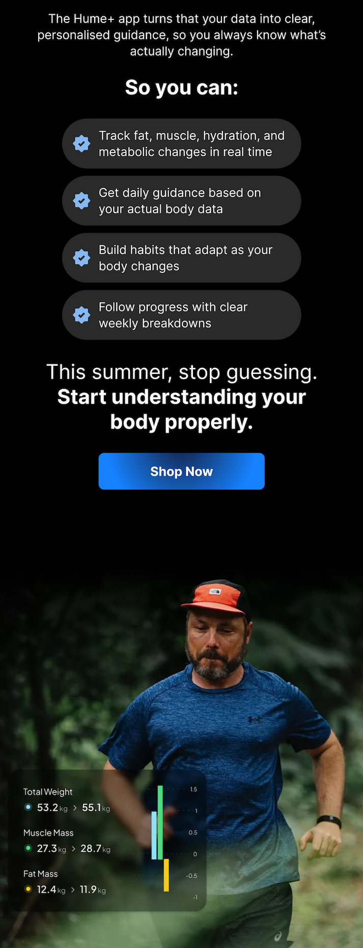 Provides detailed body composition insights and weekly progress tracking from home.