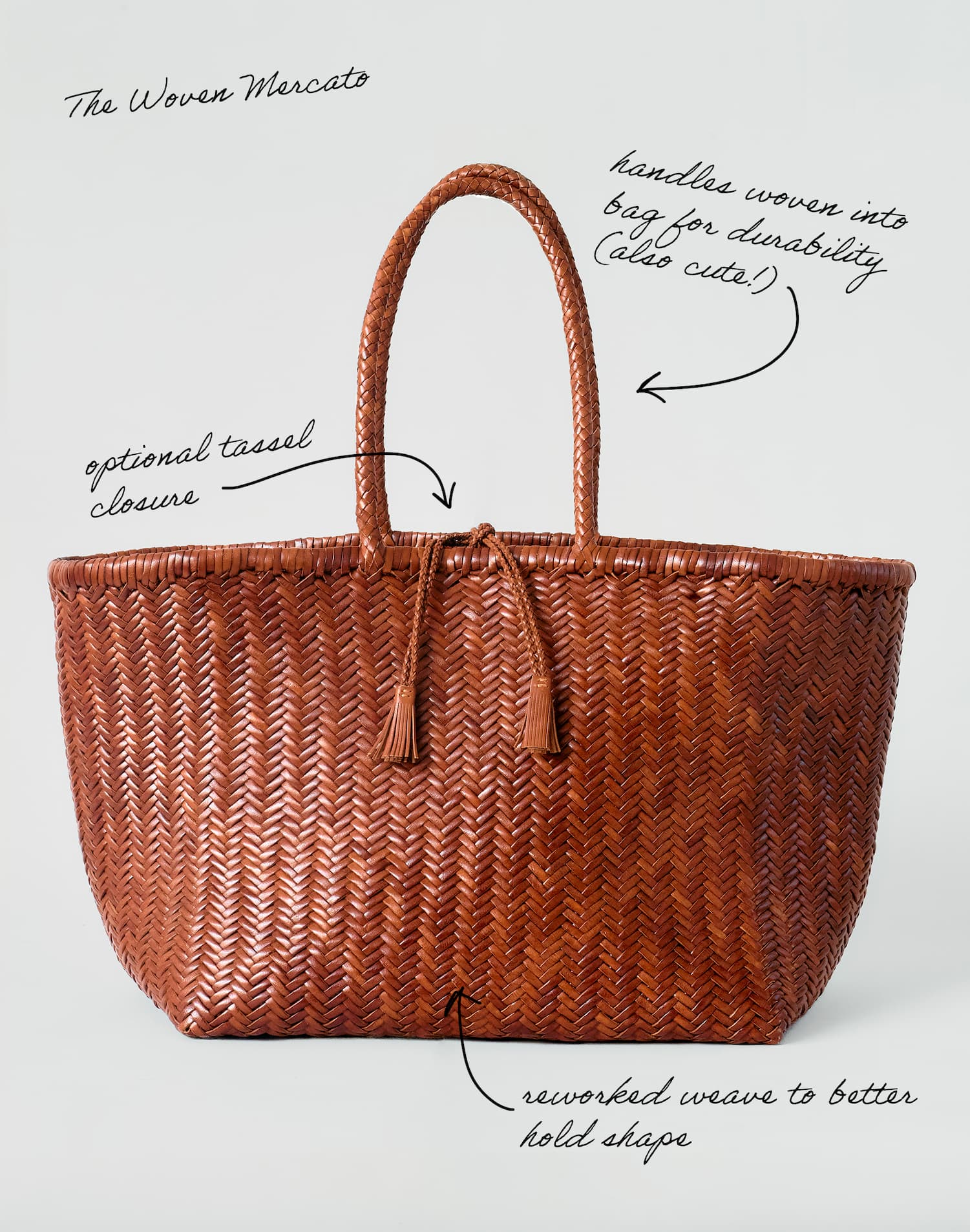 the woven mercato tote in tan, with design notes