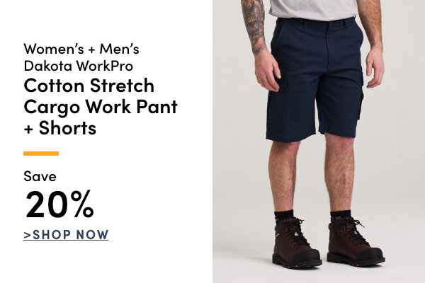 Women's + Men's Dakota WorkPro Cotton Stretch Cargo Work Pant & Shorts Save 20%