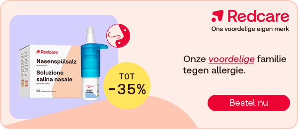 Redcare neusspoelzout tot -35% tegen allergie, knop “Bestel nu”.