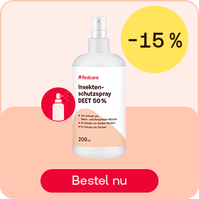 Redcare insectenspray DEET 50% tot -15%, knop “Bestel nu”.