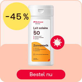 Redcare zonnemelk SPF 50 tot -45%, knop “Bestel nu”.