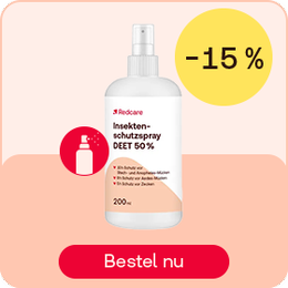 Redcare insectenspray DEET 50% tot -15%, knop “Bestel nu”.