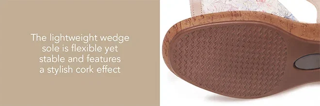 The lightweight wedge sole is flexible yet stable and features a stylish cork effect