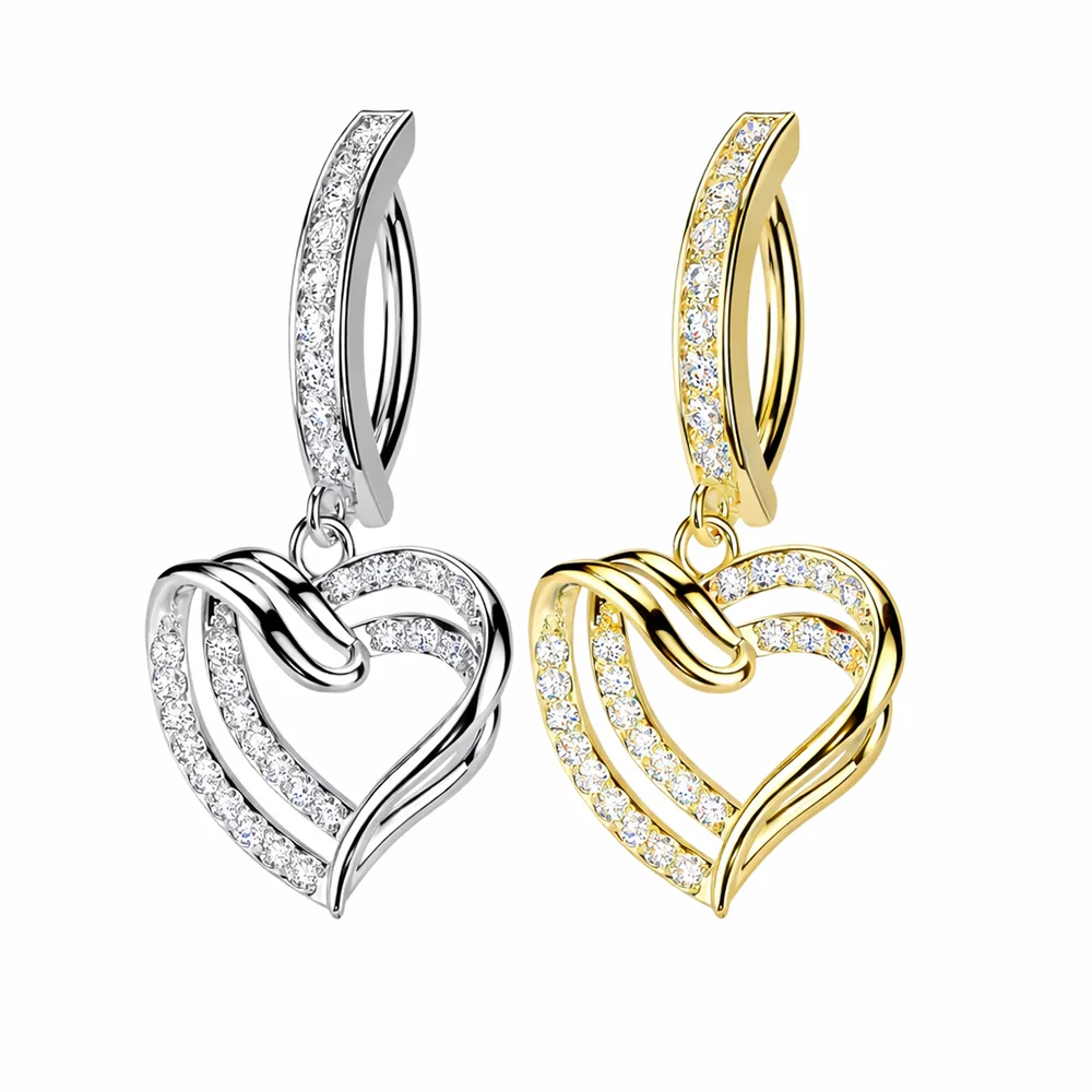  Clicker Paved CZ Heart Dangle Belly Ring Piercing 14G 11mm 