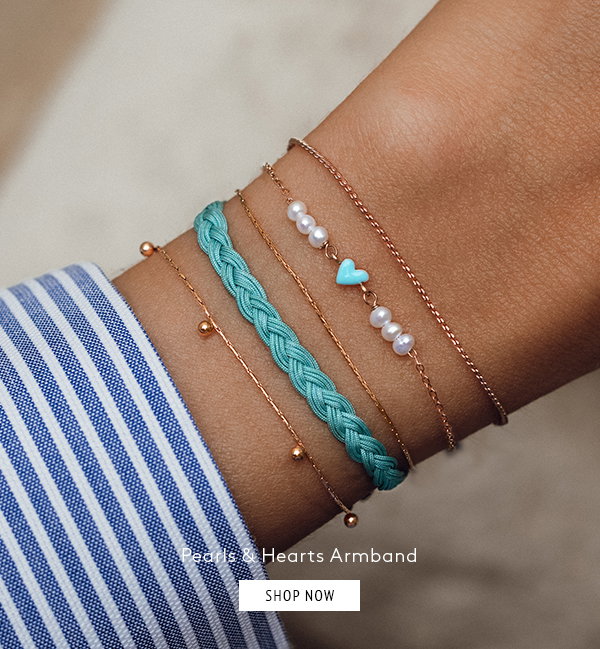 Pearls & Hearts Armband - rosévergoldet mit türkisem Emaille Herz und Perlen