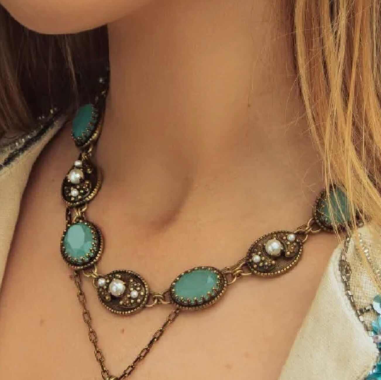 Necklace with Aqua & Pearl Stone Settings