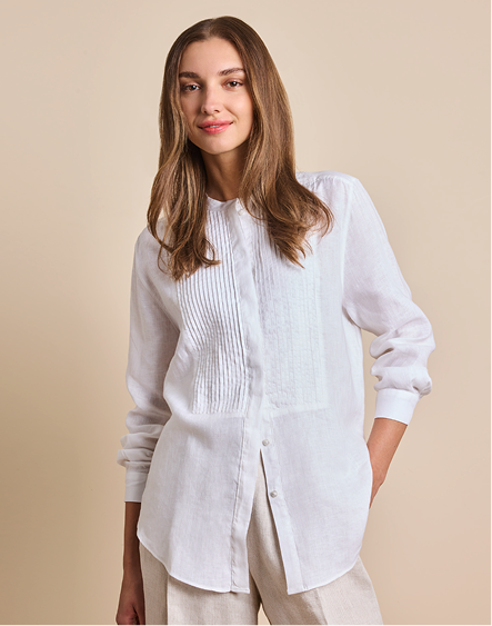 Relaxed Fit White Pleated Front Boutique Linen Shirt