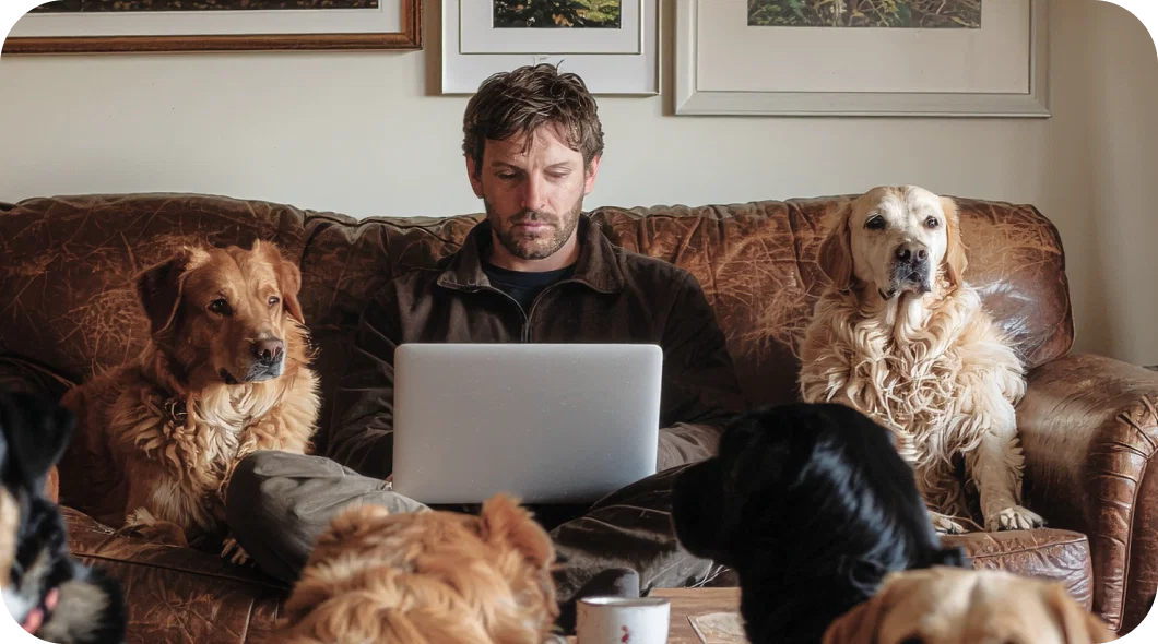 Person working on a laptop while sitting on a couch, surrounded by dogs