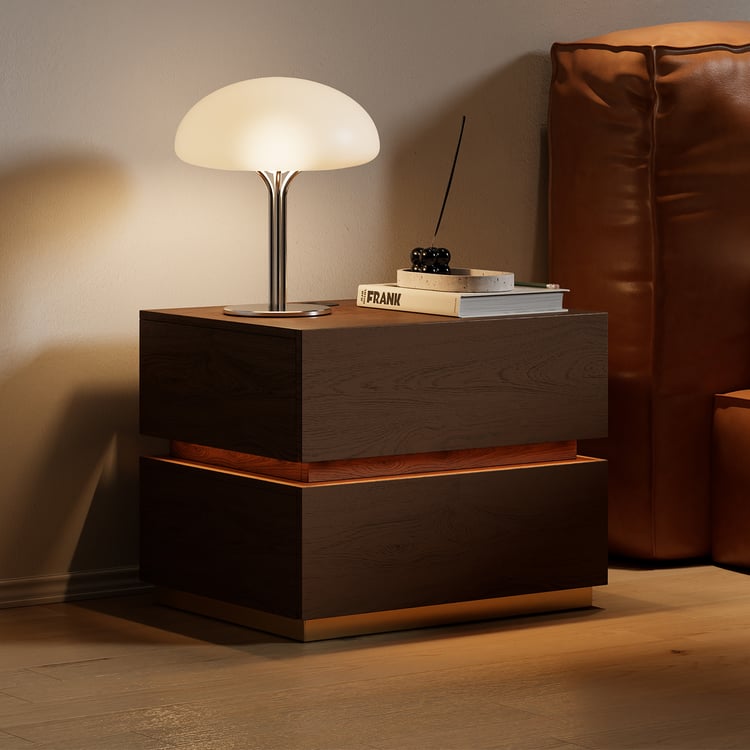 Lumio Wood 2-Drawer Walnut Nightstand with LED Light & Charging Station, Set of 2