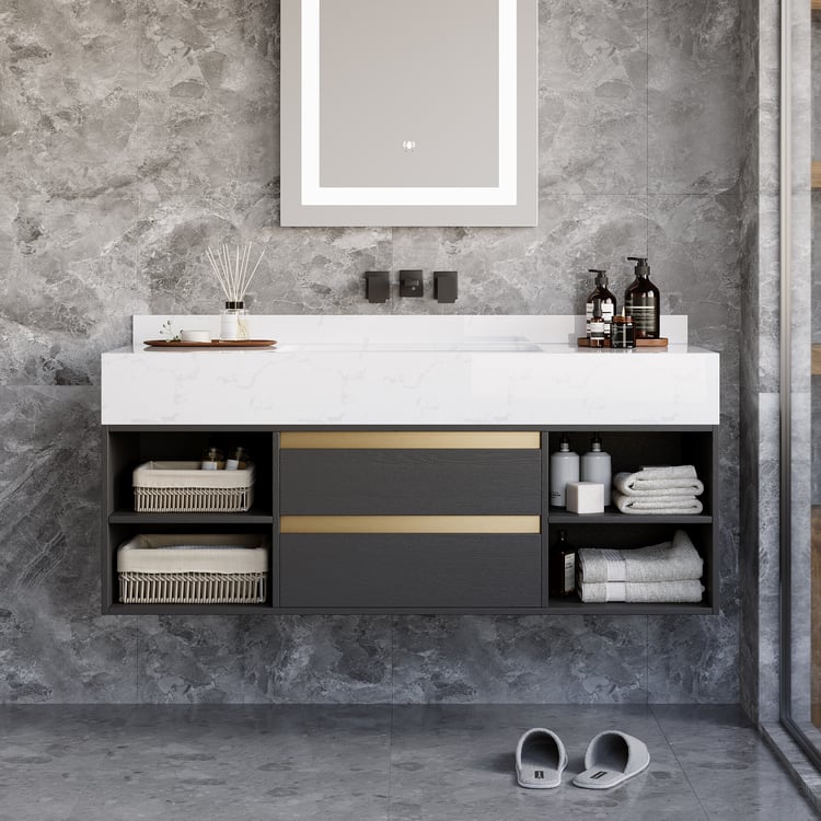 Modern 39.4" Floating Single Bathroom Vanity with Sink in Black, Sintered Stone Top