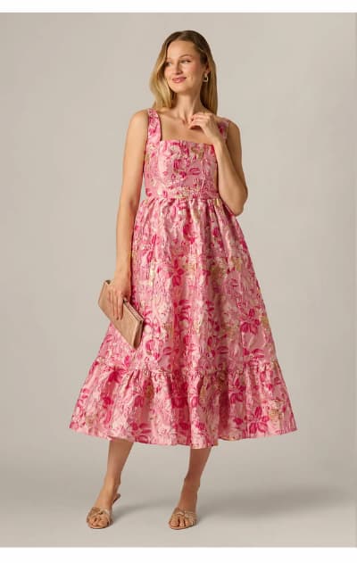 Metallic Floral Jacquard Ruffle Midi Dress In Pink Multi