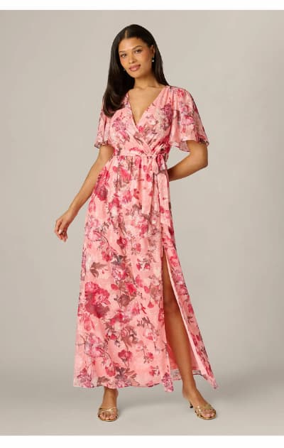 Flutter Sleeve Floral Print Embroidered Wrap Maxi Dress In Blush Multi