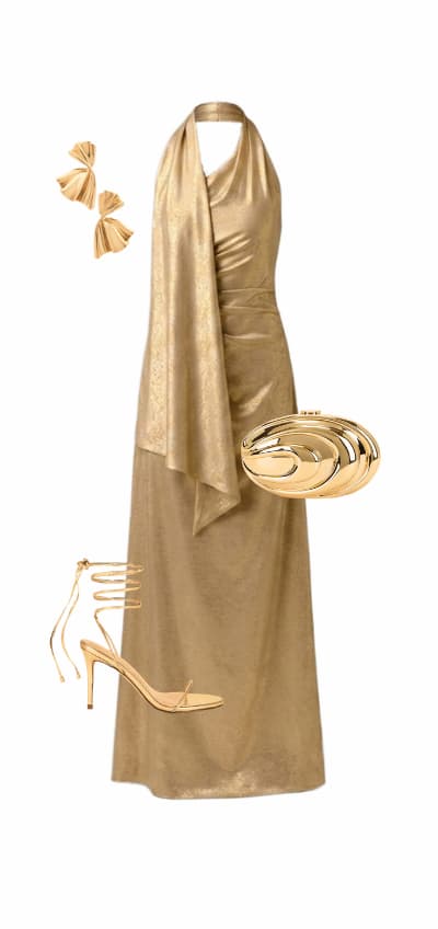 Foil Chiffon Scarf Halter Gown In Light Gold