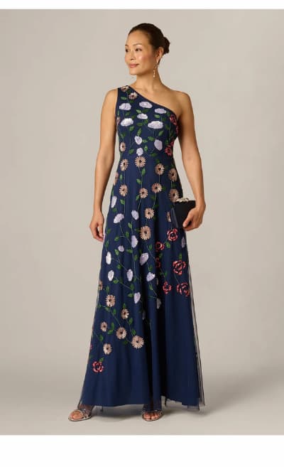 One Shoulder Floral Garden Beaded Gown In Navy Multi