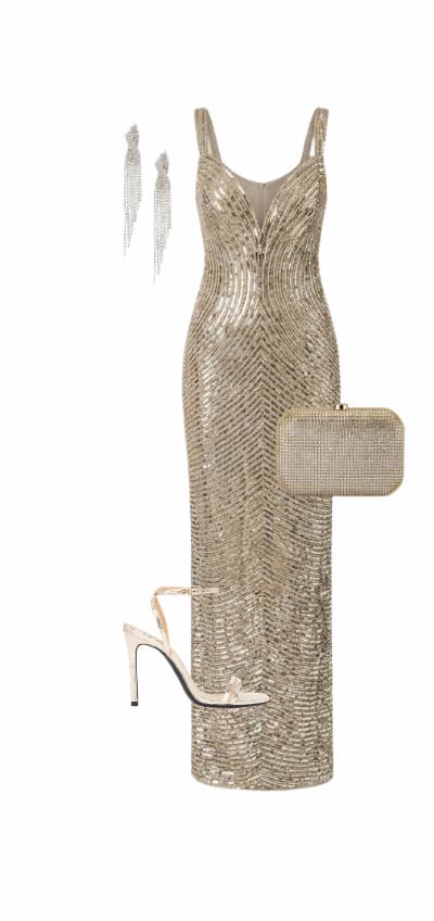 Plunge Neck Mirror Beaded Gown In Silver