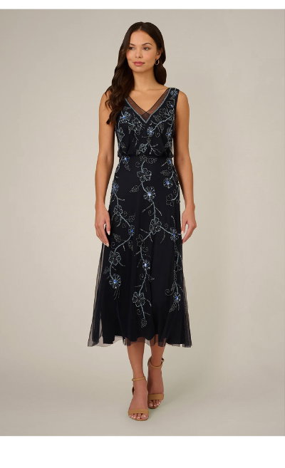 Sleeveless Beaded Blouson Midi Dress In Midnight Multi