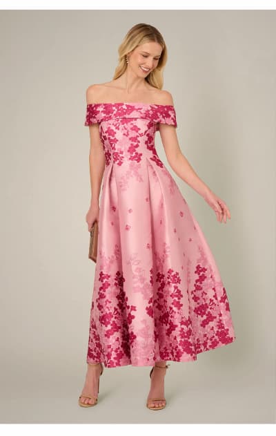 Floral Jacquard Ankle Length Dress With Off The Shoulder Neckline In Pink Multi