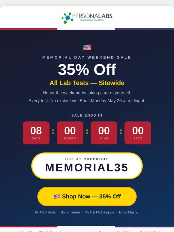🇺🇸 Memorial Day — 35% off all lab tests (code MEMORIAL35)