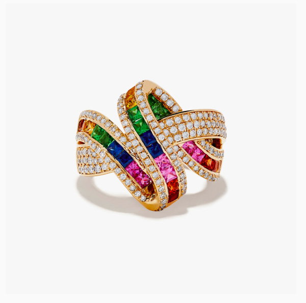 Watercolor 14k Yellow Gold Multi Sapphire and Diamond Ribbon Ring