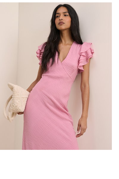 Pink Frill Sleeve Layla Midi Dress
