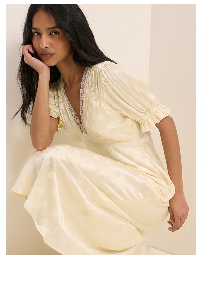 Butter Yellow Polka Dot Satin Angela Midi Dress