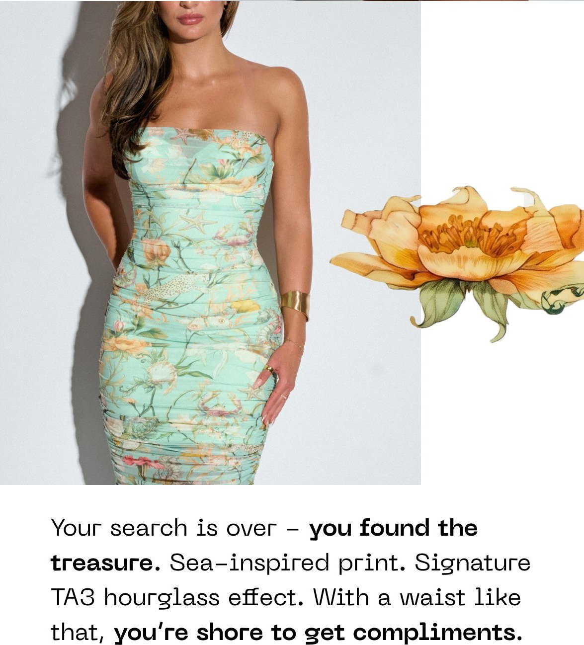 Text: Your search is over - you found the treasure. Sea-inspired print. Signature TA3 hourglass effect.