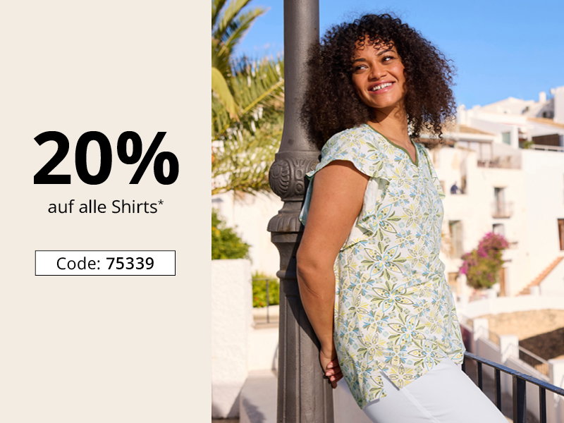 Werbebanner mit Model in sommerlichem Shirt und Text: 20% auf alle Shirts mit Code 75339