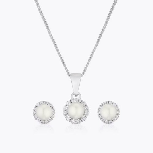 Sterling Silver Cultured Freshwater Pearl Cubic Zirconia Earrings & Pendant Set