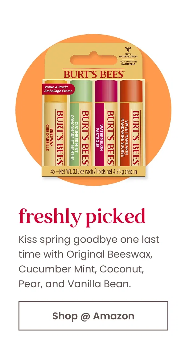 Freshly Picked. Kiss spring goodbye one last time with Original Beeswax, Cucumber Mint, Coconut, Pear, and Vanilla Bean. Button: Shop at Amazon