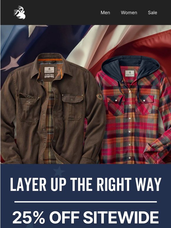 Save 25% on Legendary shirt jackets, vests & more