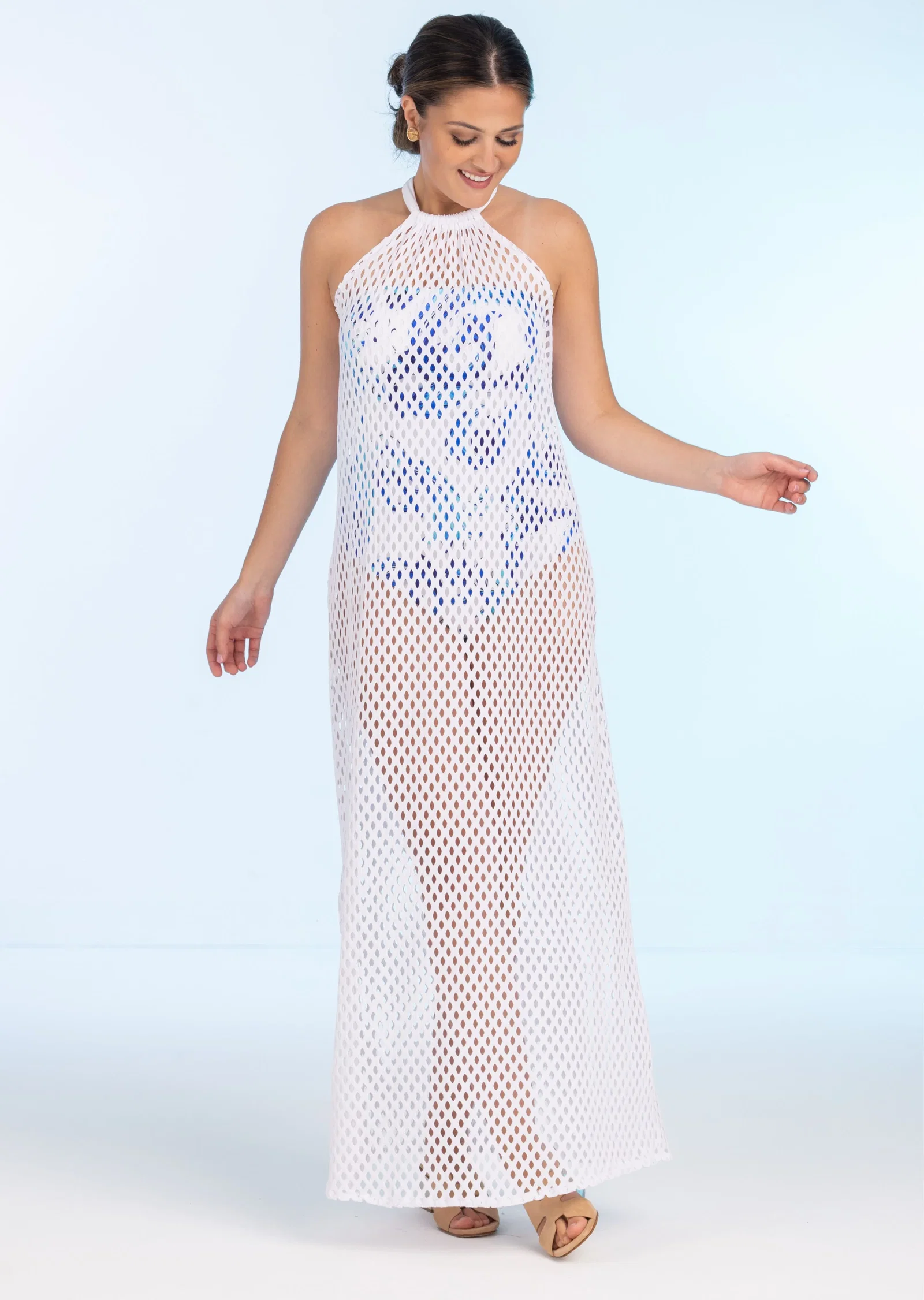 Image of White Long Mesh Halter Dress (439c)