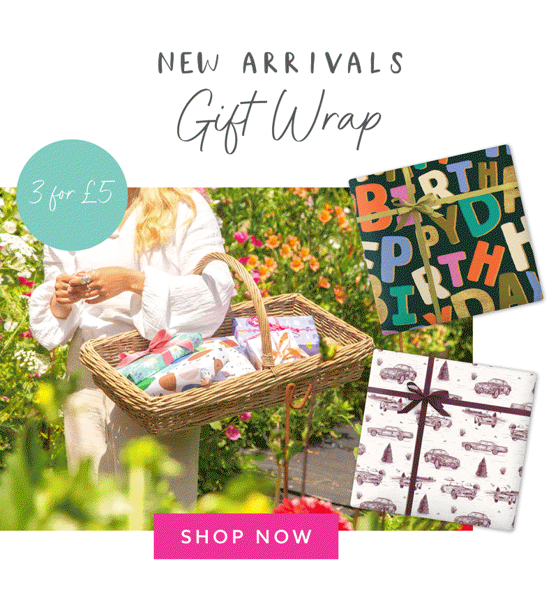Animated summer gift wrap promotion featuring colourful wrapping paper designs in a garden setting. Includes “3 for £5” offer badge and pink shop now button.