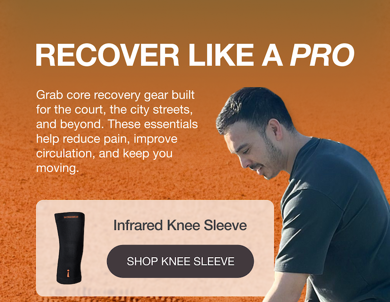RECOVER LIKE A PRO - Grab core recovery gear built for the court, the city streets, and beyond. These tennis essentials help to reduce pain, improve circulation, and keep you moving. - Infrared Knee Sleeve [SHOP KNEE SLEEVE]