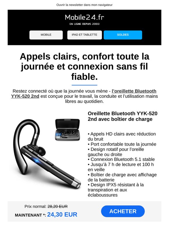 Oreillette Bluetooth confortable pour travail et voiture
