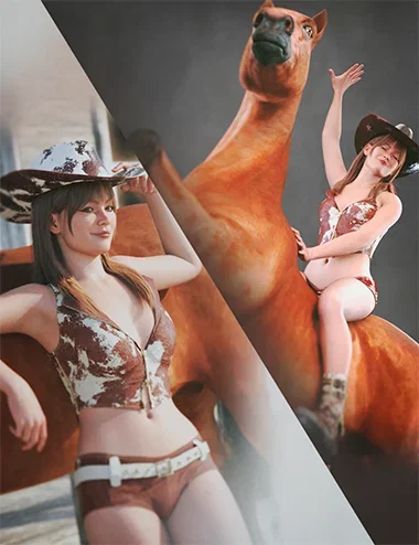 LA Cowgirl Poses and Hat for Genesis 9 Female and Horse 3