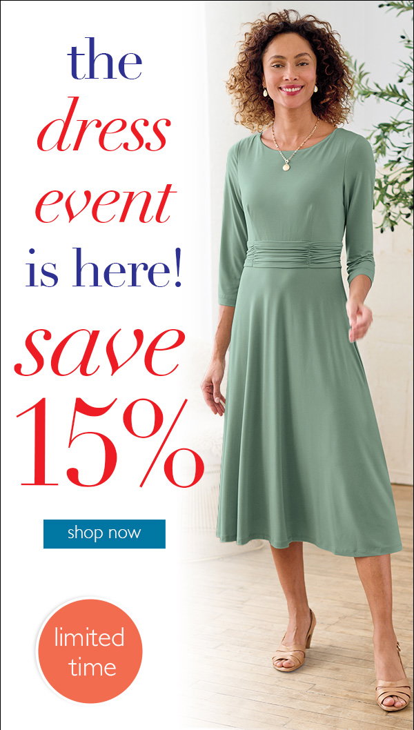 An image promoting 15% off the dress event at NorthStyle featuring a model in a sea green, flowy dress and a shop now button.