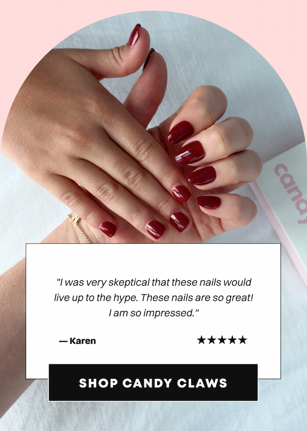 Hands with glossy red press-on nails and customer review from Karen with five stars