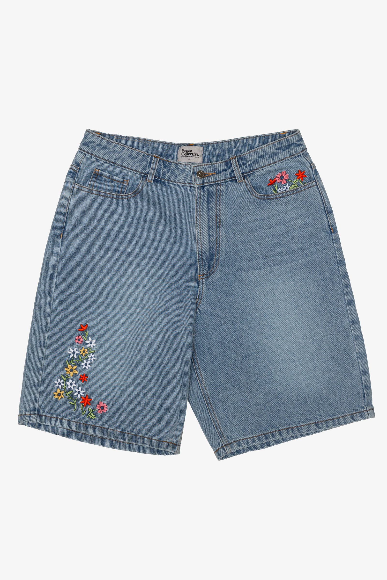 Image of Peace Baggy Floral Denim Shorts - Blue